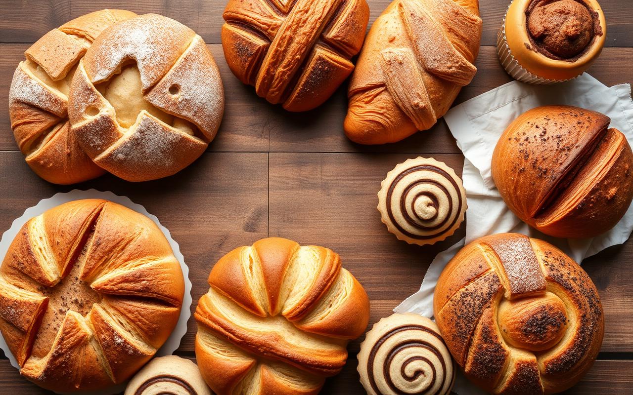 Overhead view of breads and pastries